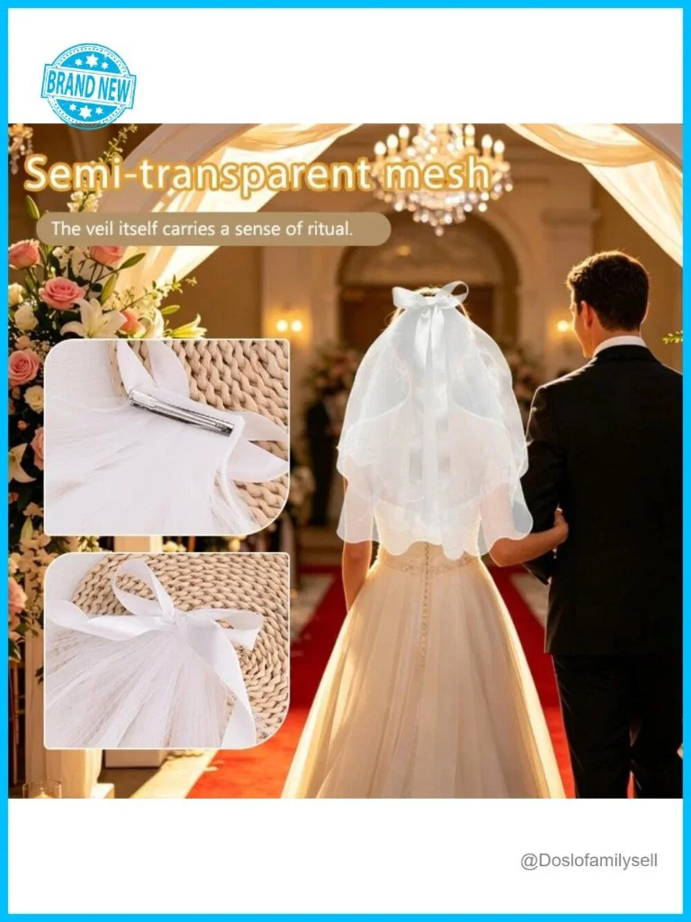 Wedding Bow Veil with Clip Bridal Hair Accessory Tulle Lace Satin Headpiece